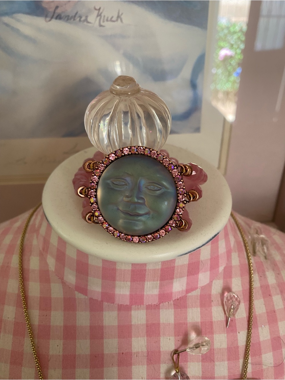 Kirks Folly Iridescent Moon Face Bracelet with Pink Crystal Halo